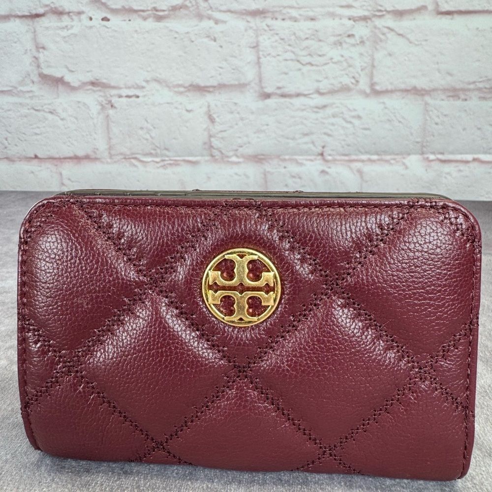 Tory Burch Claret Willa Quilted Burgundy Leather Compact Wallet